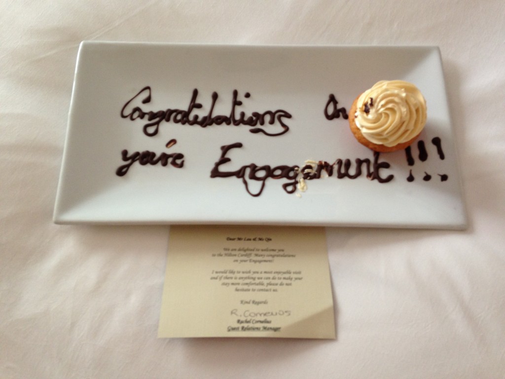 congratulations message written in chocolate on plate with vanilla buttercream cupcake