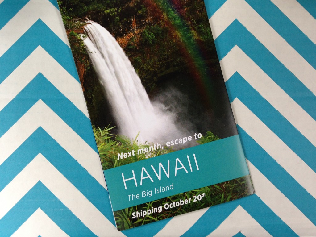 escape monthly september oregon box info card back with preview of next month's box theme of hawaii