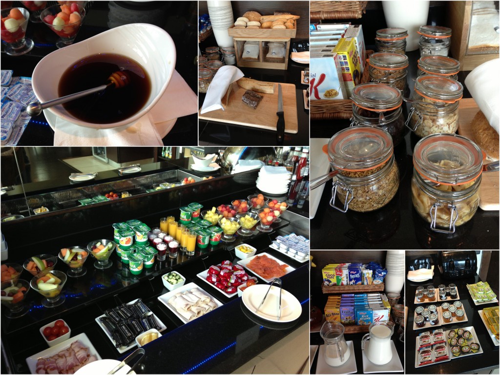 collage of breakfast items offered at executive lounge at hilton cardiff