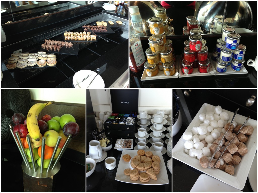 collage of executive lounge snacks including fruits, desserts, condiments, cookies, and sugar