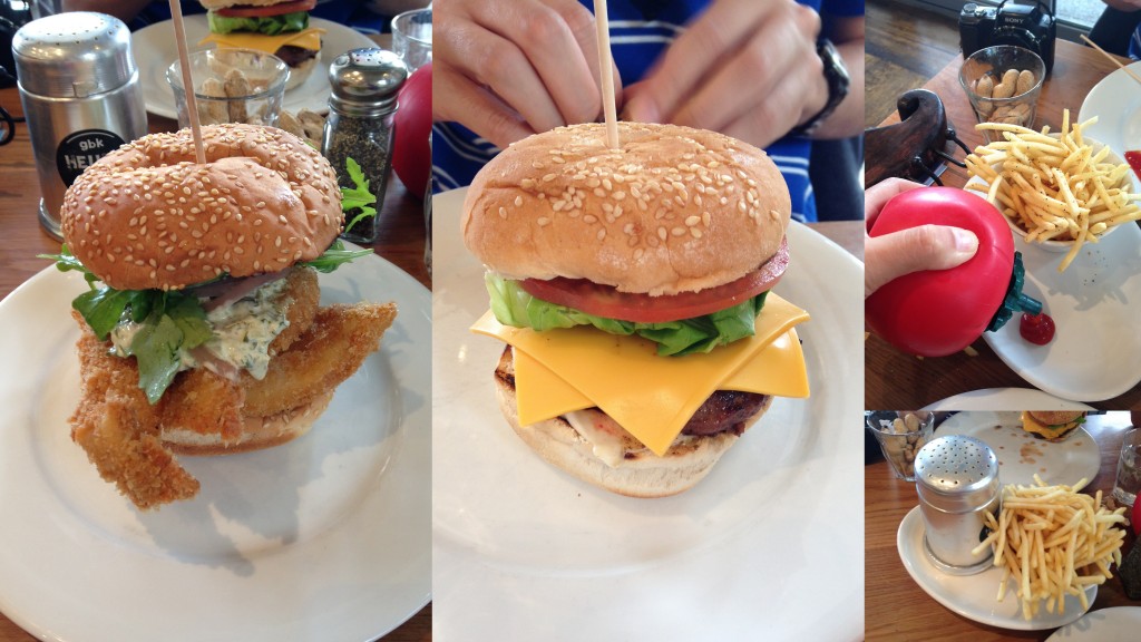 collage of gourmet burger fish burger, cheeseburger, and fries