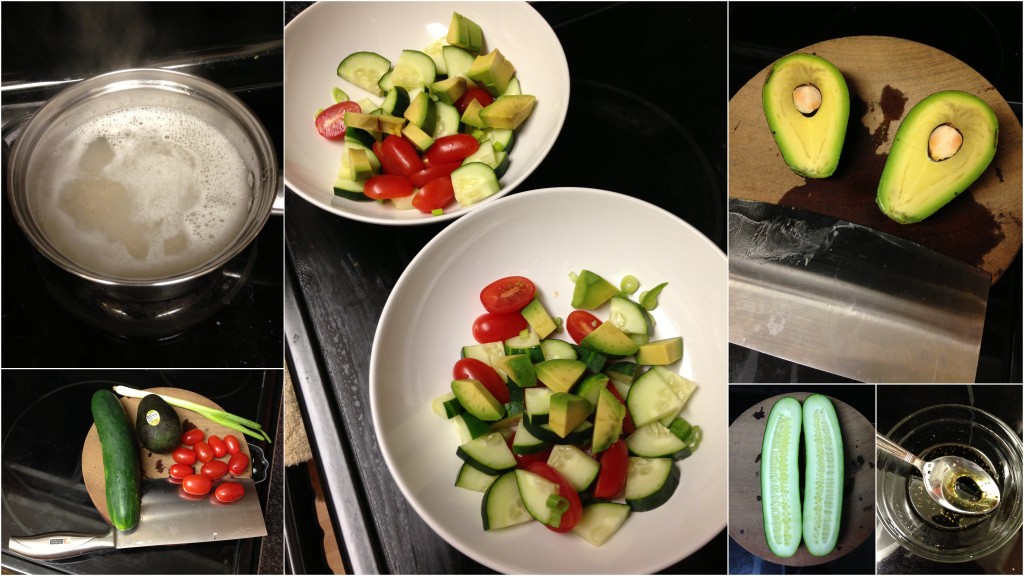 collage of hello fresh barley avocado salad ingredients and meal being made