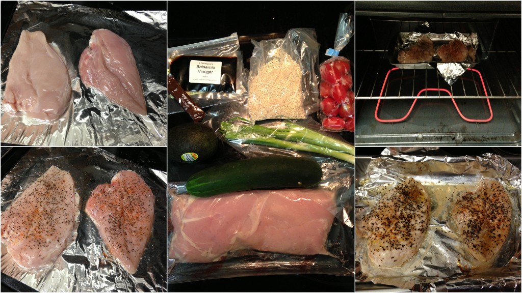 collage of hello fresh chili rubbed chicken ingredients and meal being cooked
