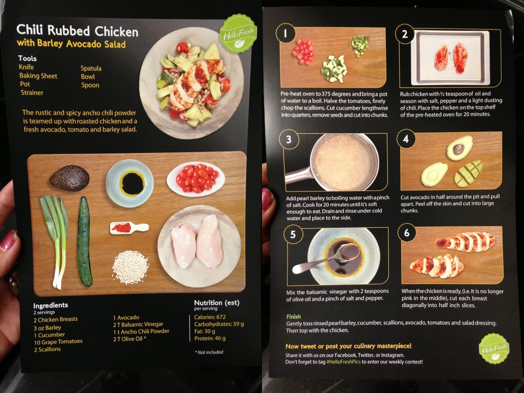 collage of hello fresh chili rubbed chicken with barley avocado salad recipe card