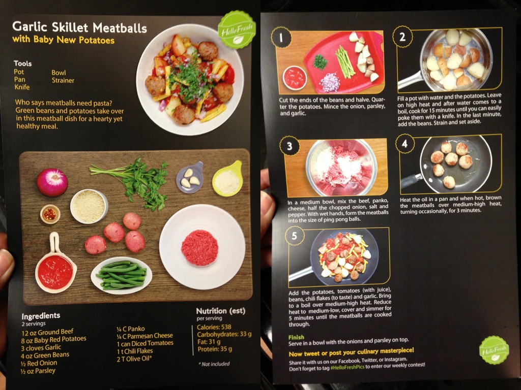 collage of hello fresh garlic skillet meatballs and new potatoes recipe card