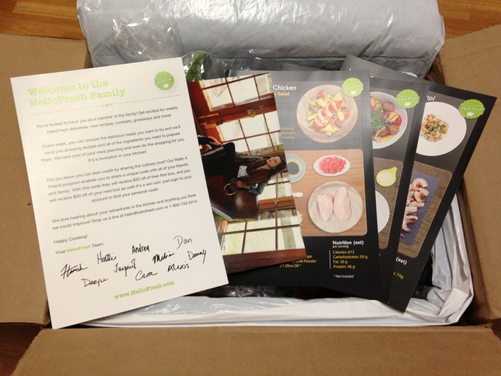 hello fresh welcome letter and large black recipe cards