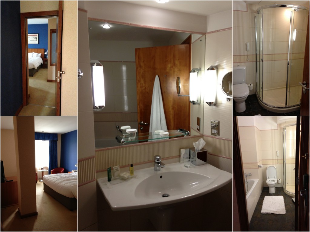 collage of room and bathroom at hilton cardiff
