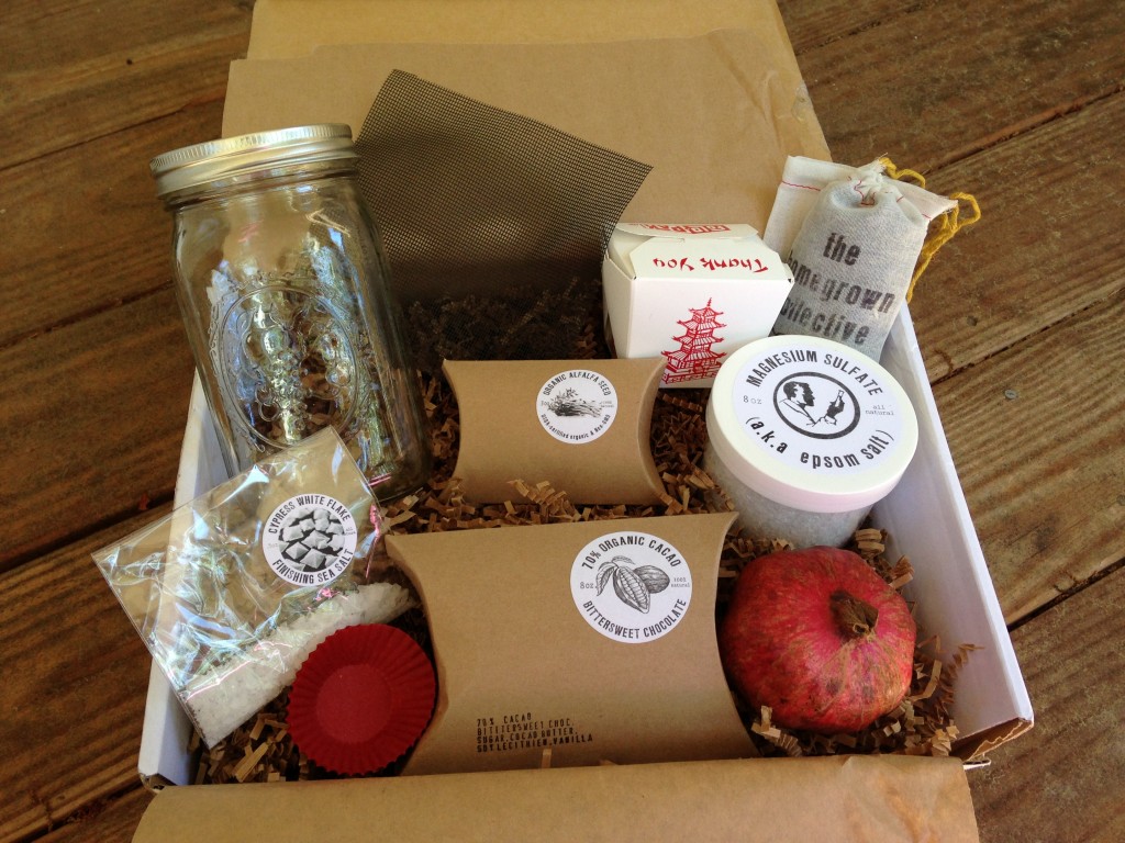contents of the homegrown collective august 2013 box with super food theme