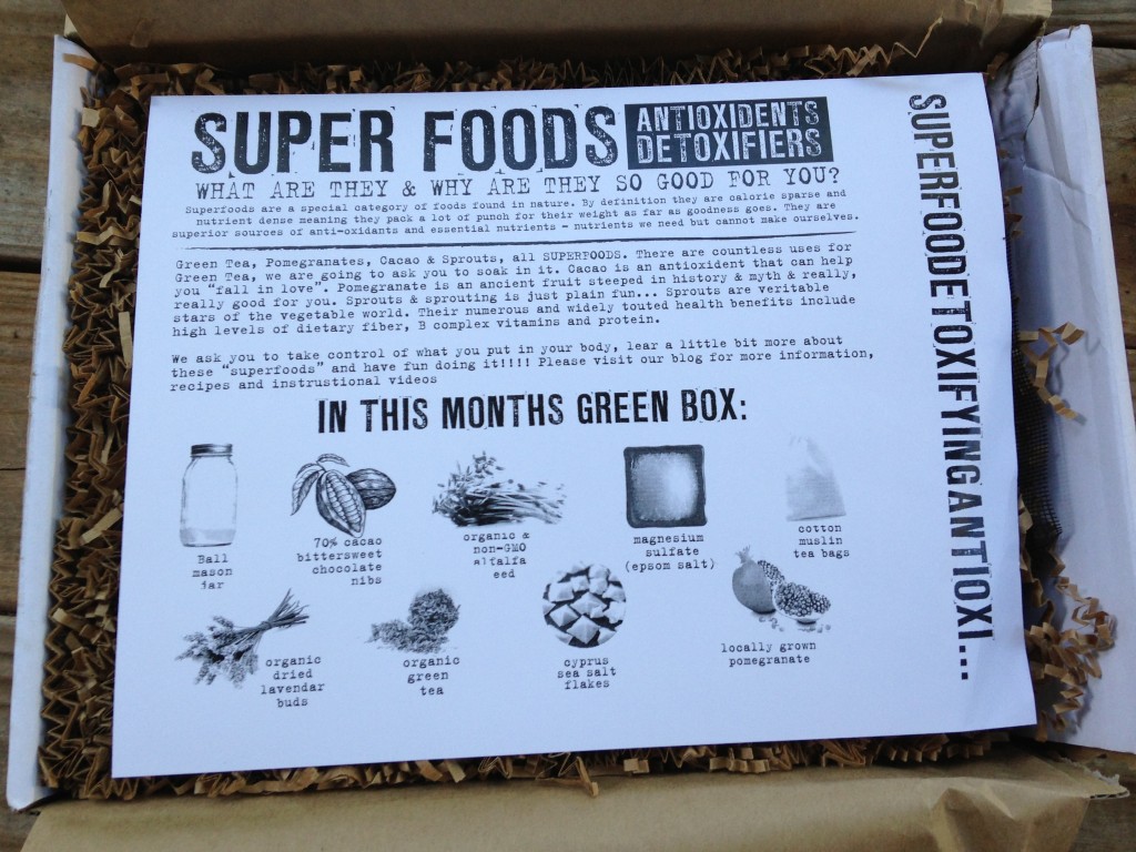 the homegrown collective august 2013 info sheet describing contents of box and benefits of super foods