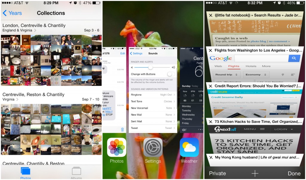 collage of ios 7 photo collections, new multitasking look, and safari tab browsing