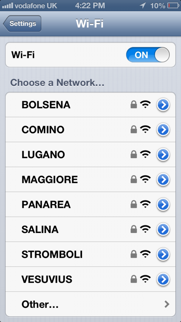 wifi signals at cardiff train station with italian-inspired names