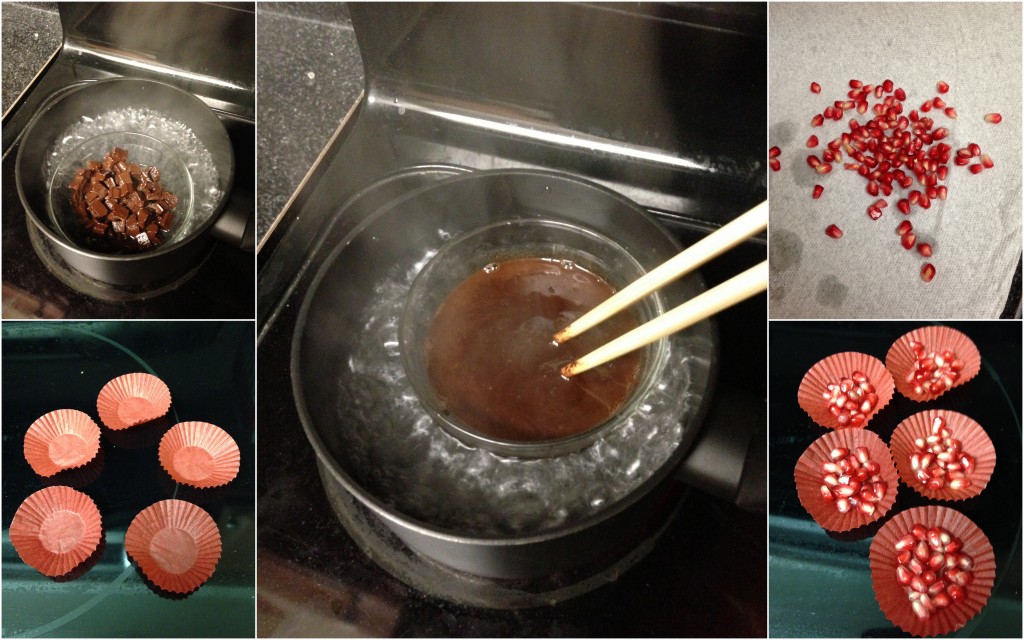 collage of melting chocolate, drying pomegranate seeds, and putting pomegranate seeds into paper cups