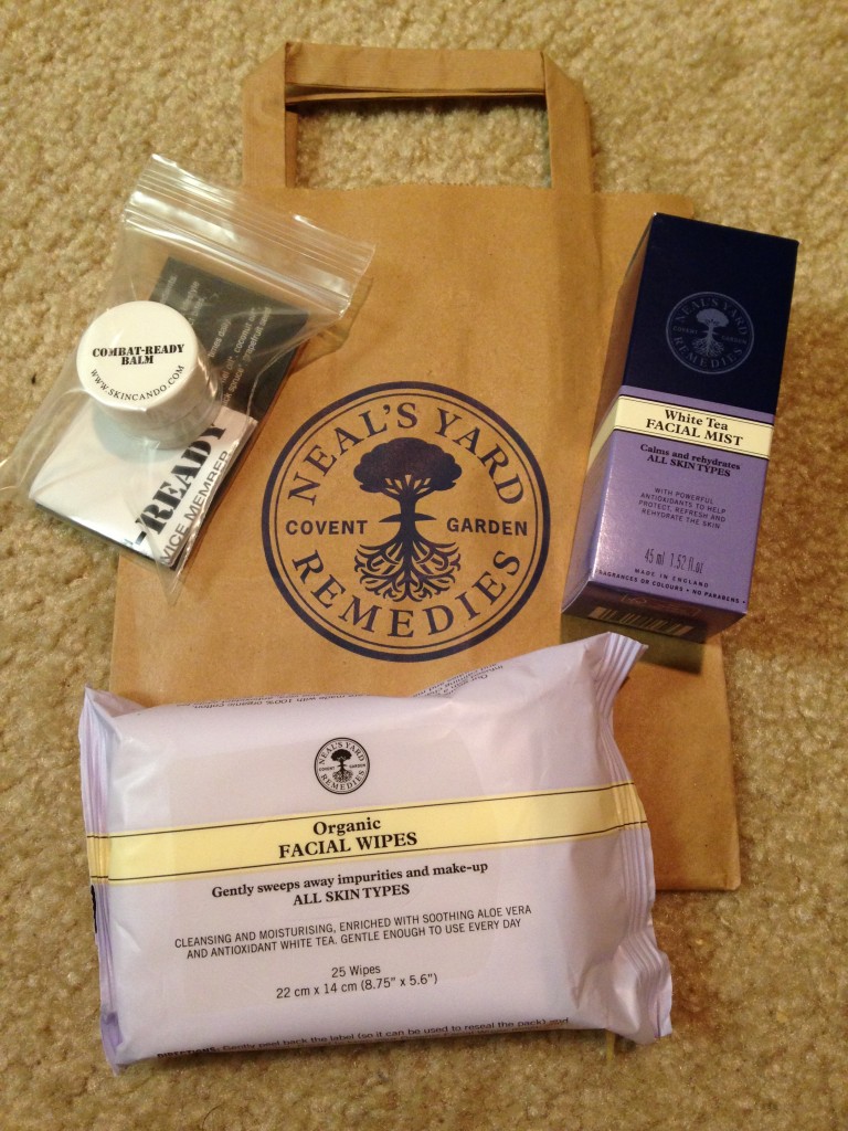 neal's yard remedies organic facial wipes, white tea facial mist, and skincando combat-ready balm bought from green festival dc 2013