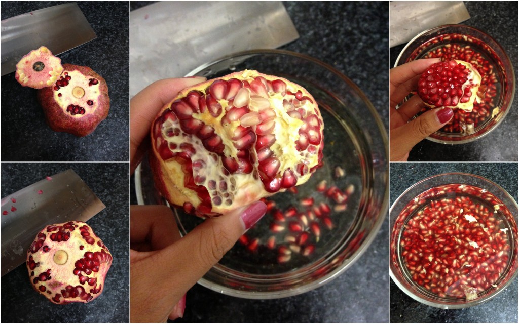 collage of steps to peel pomegranate from cutting skin to removing seeds and soaking in water