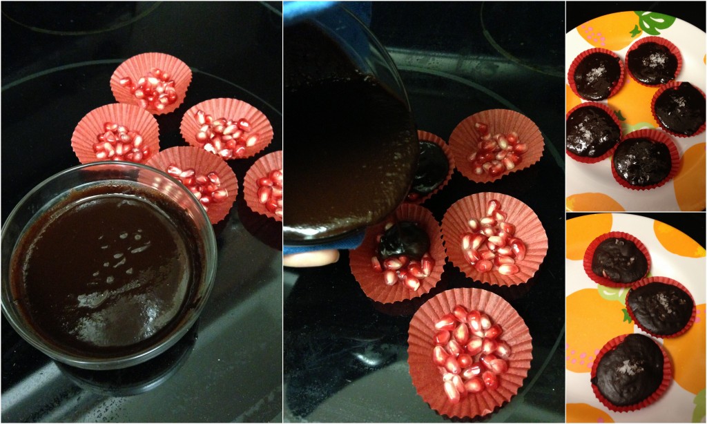 collage of melted chocolate and pomegranate seeds then pouring chocolate over the seeds in paper cups