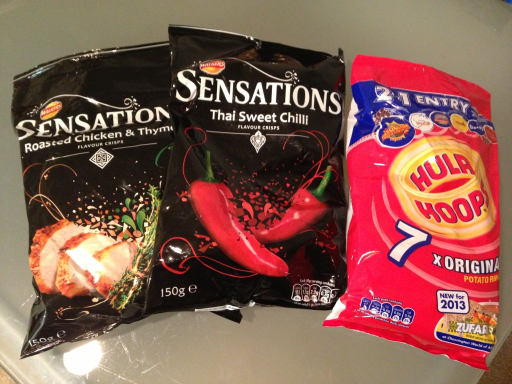 bags of sensations roasted chicken & thyme and thai sweet chilli chips and hula hoops potato rings