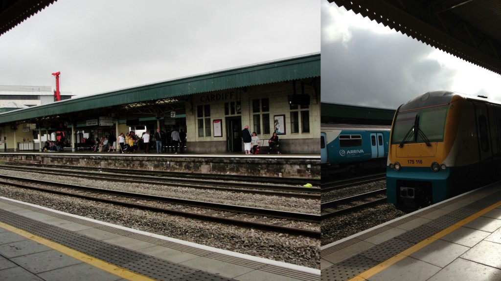 collage of cardiff train station and train arriving