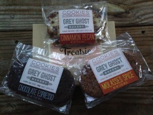 treatsie september box with grey ghost bakery cinnamon pecan, chocolate espresso, and molasses spice cookies