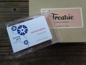 treatsie september box with morning glory confections chai tea & cashew artisan brittle