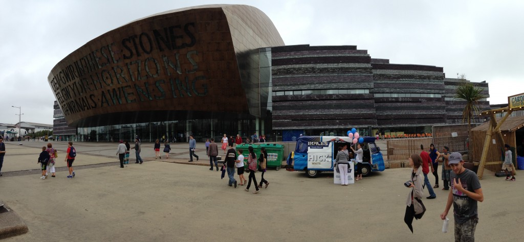 panoramic of wales milliennium centre at mermaid quay cardiff bay