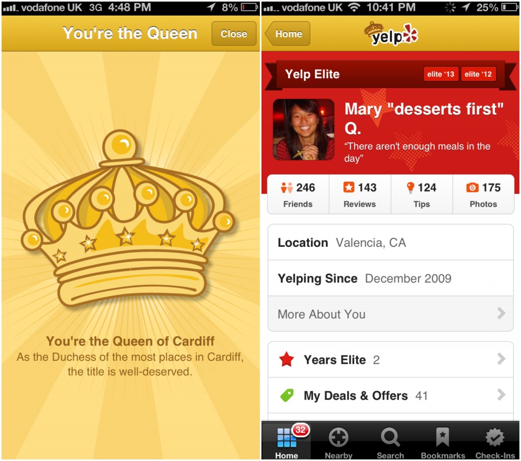 collage of yelp notice of queen status and new gold theme
