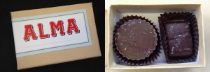 collage of alma peanut butter cup and salted caramel chocolates