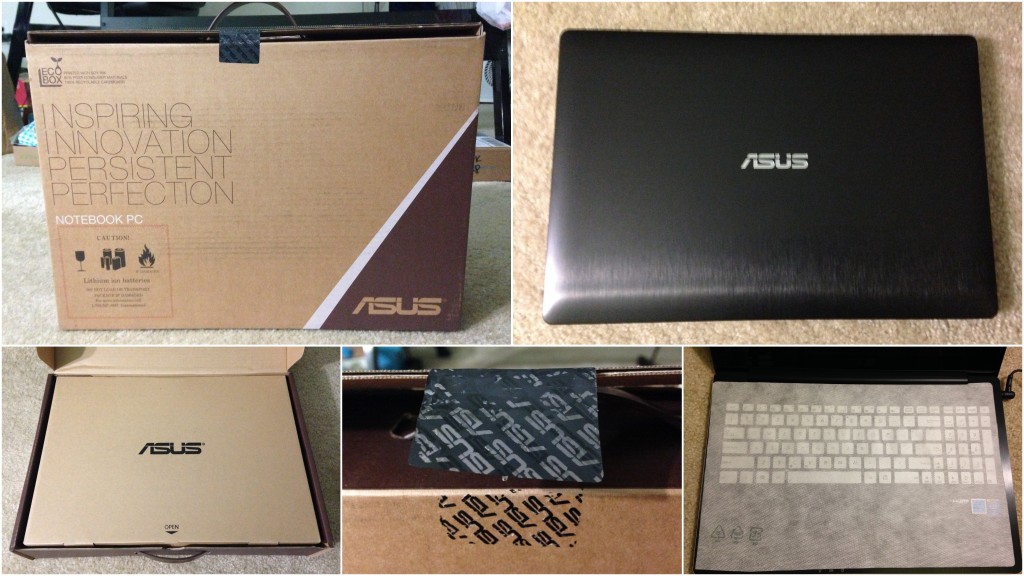 collage of asus black laptop including box and packaging