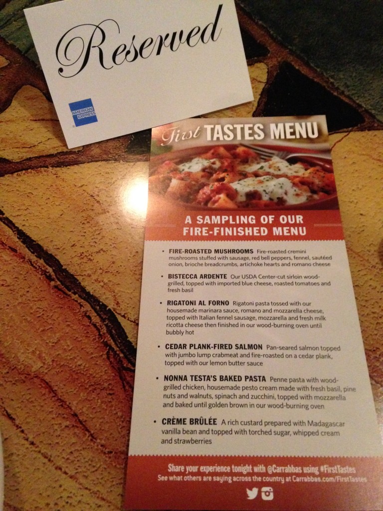 carrabbas fire finished first tastes event sampling menu with reserved sign on table