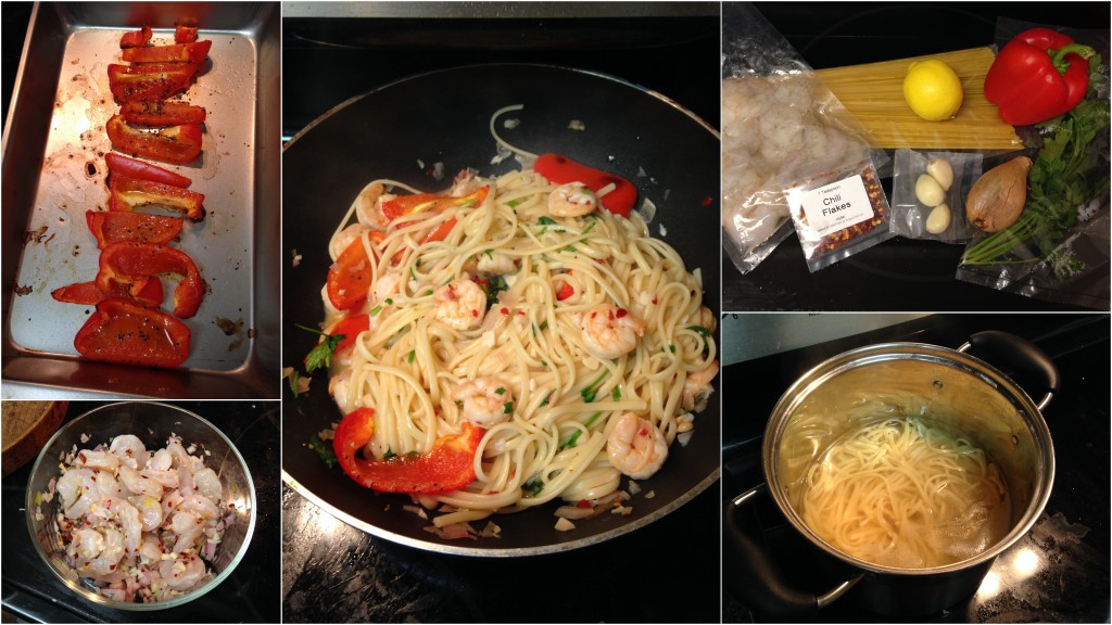 collage of hello fresh lemon-pepper shrimp scampi with roasted pepper over linguine ingredients and meal being cooked