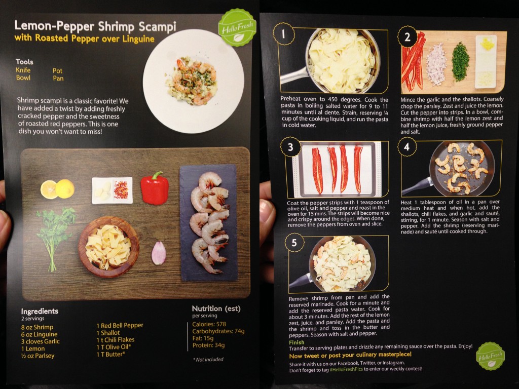 collage of hello fresh lemon-pepper shrimp scampi with roasted pepper over linguine recipe card
