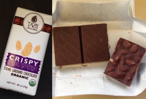 collage of taza crispy crunch chocolate bar collage