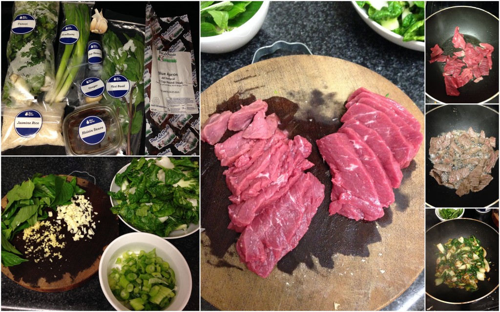 collage of blue apron ginger beef stir fry ingredients and meal being cooked