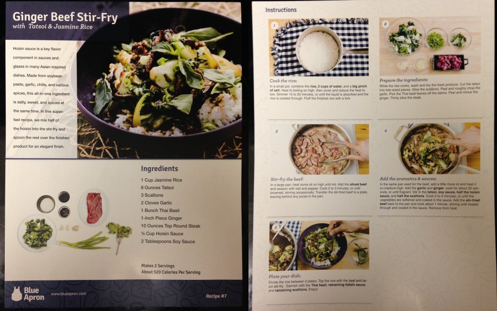collage of blue apron ginger beef stir fry with tatsoi and jasmine rice recipe card