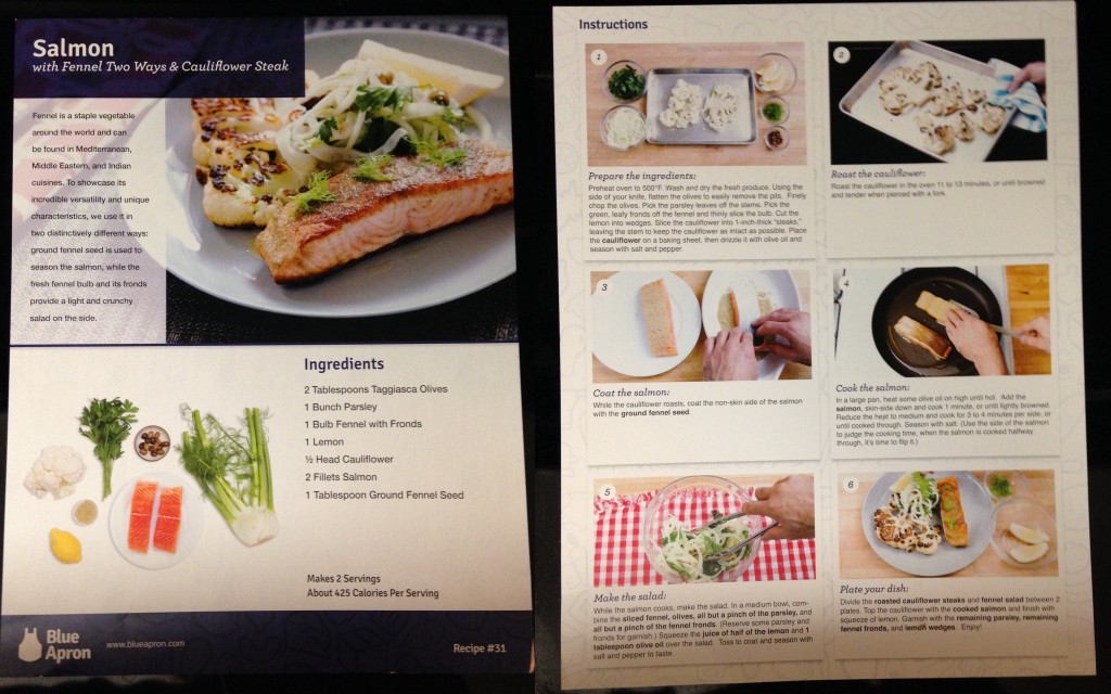 collage of blue apron salmon with fennel two ways and cauliflower steak recipe card