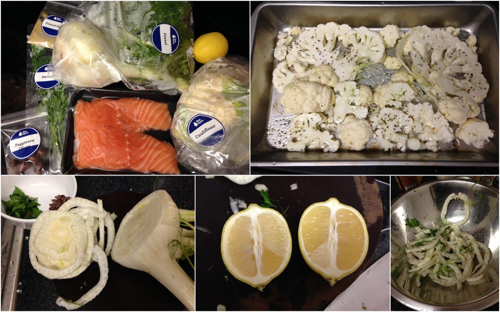 collage of blue apron salmon and fennel two ways ingredients