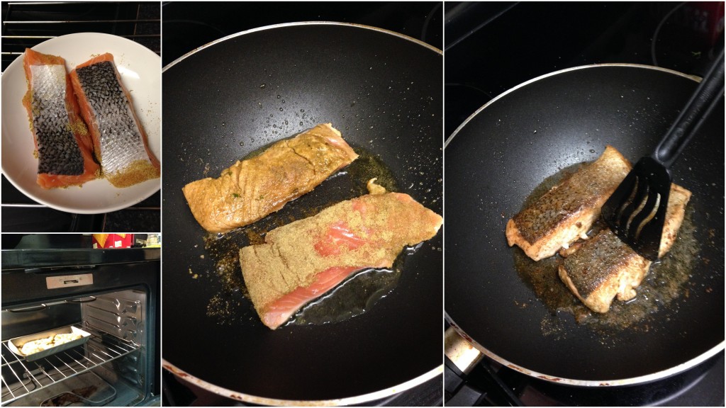 collage of blue apron salmon and fennel two ways meal being cooked