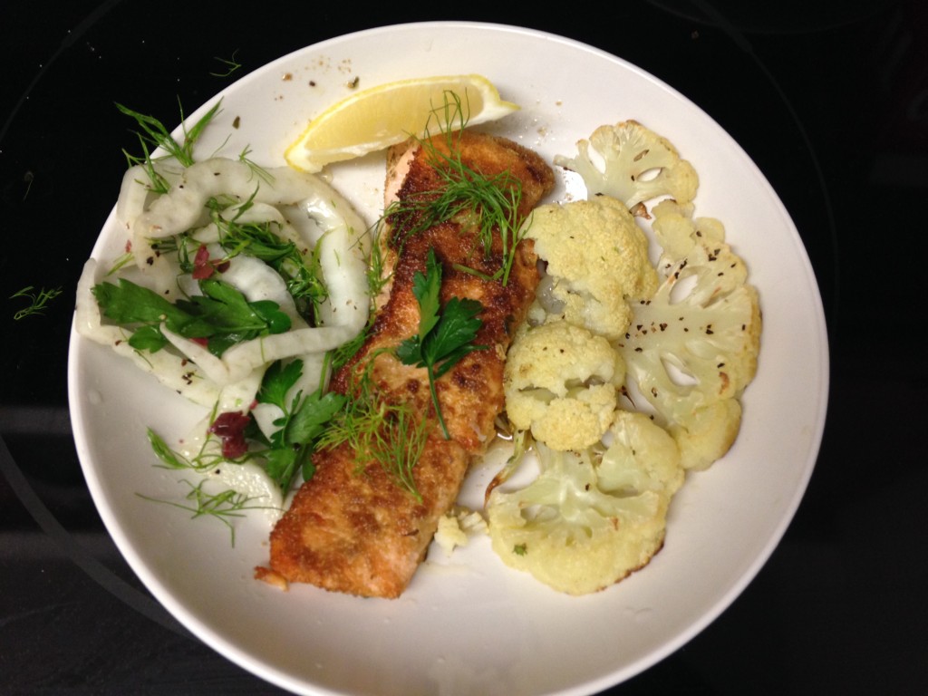 blue apron salmon with fennel two ways and cauliflower steak finished product