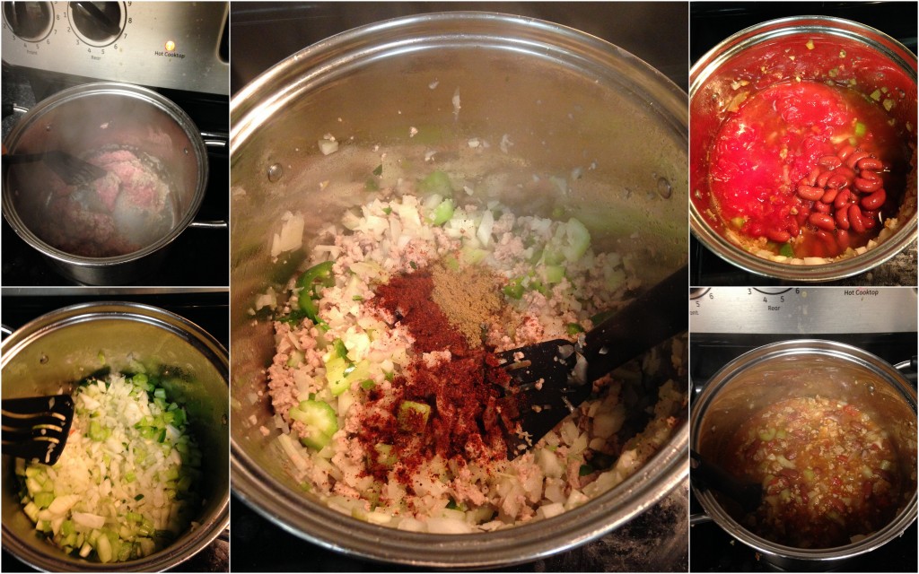 collage of blue apron turkey chili ingredients and meal being mixed and cooked