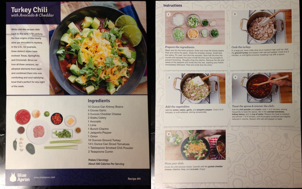 collage of blue apron turkey chili with avocado and cheddar recipe card