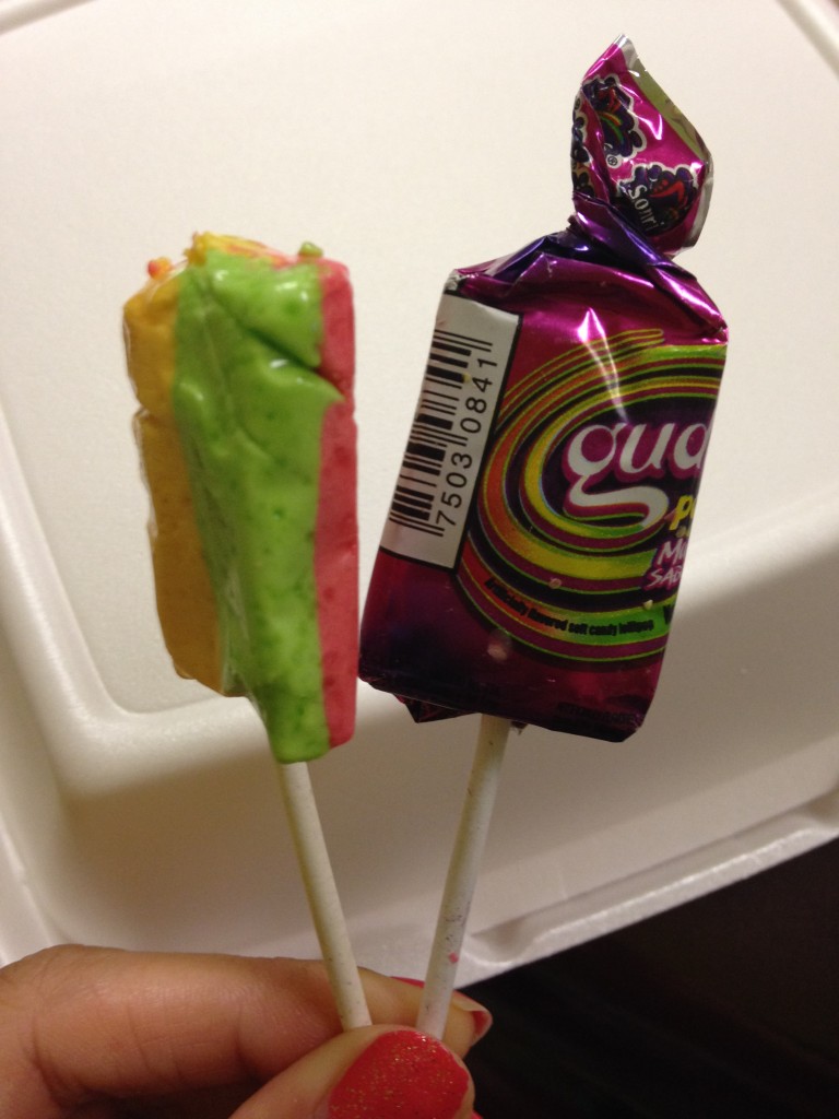 colorful yellow, green, and pink chewy lollipops