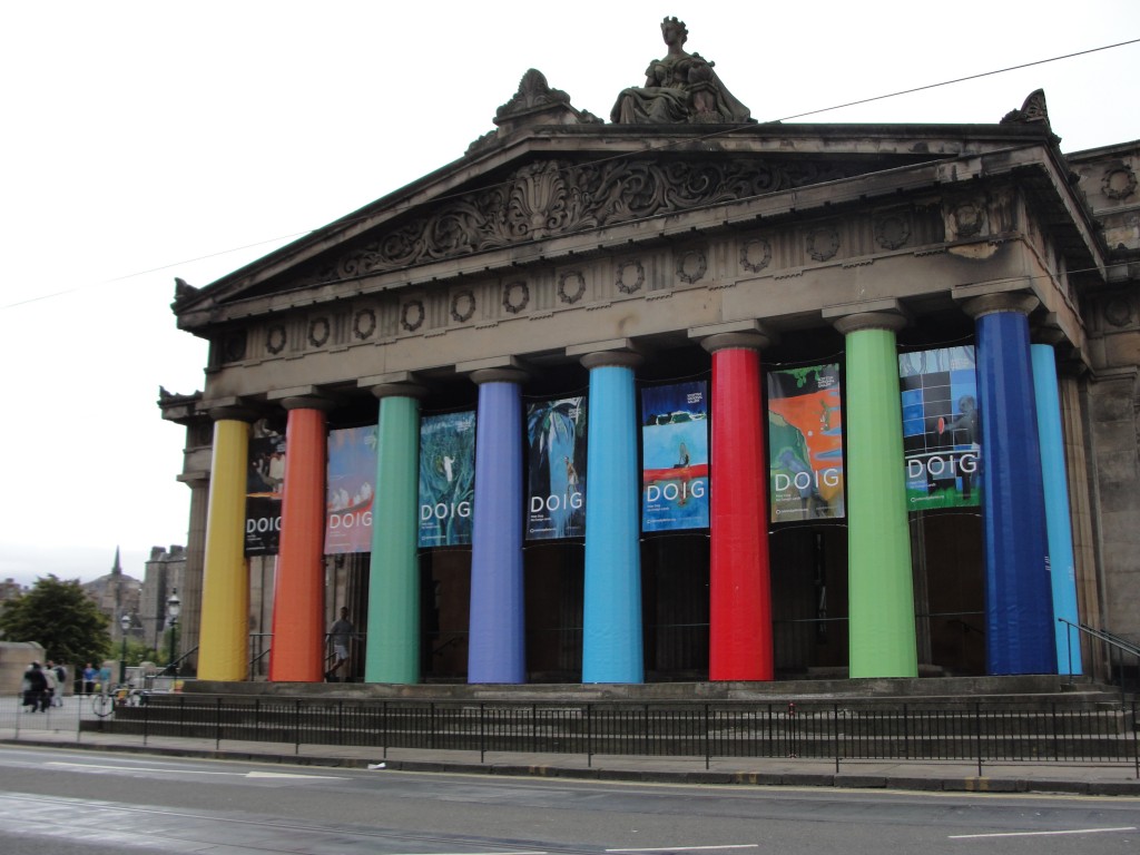 rainbow colored columns of building in edinburgh