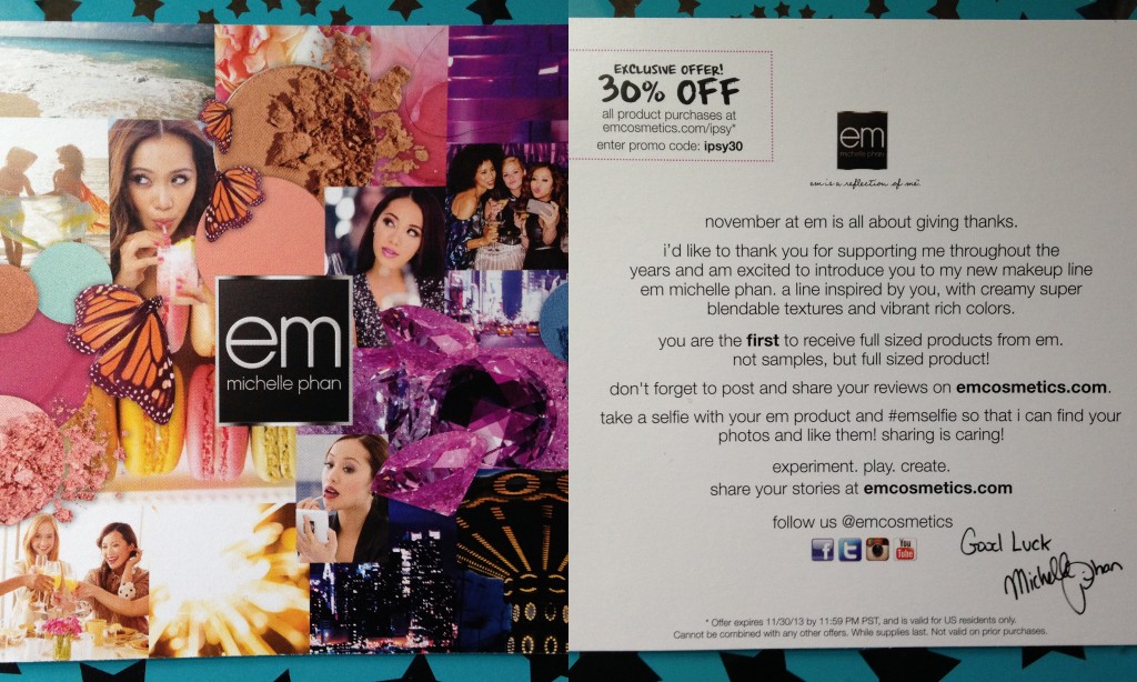 collage of em michelle phan cosmetics info card front and back from ipsy november 2013 bag