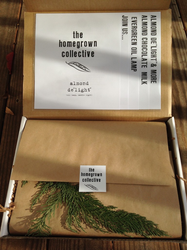 inside of homegrown collective box with the info sheets on the inner lid, sprig of evergreen cutting, and white homegrown collective sticker on brown paper wrapping
