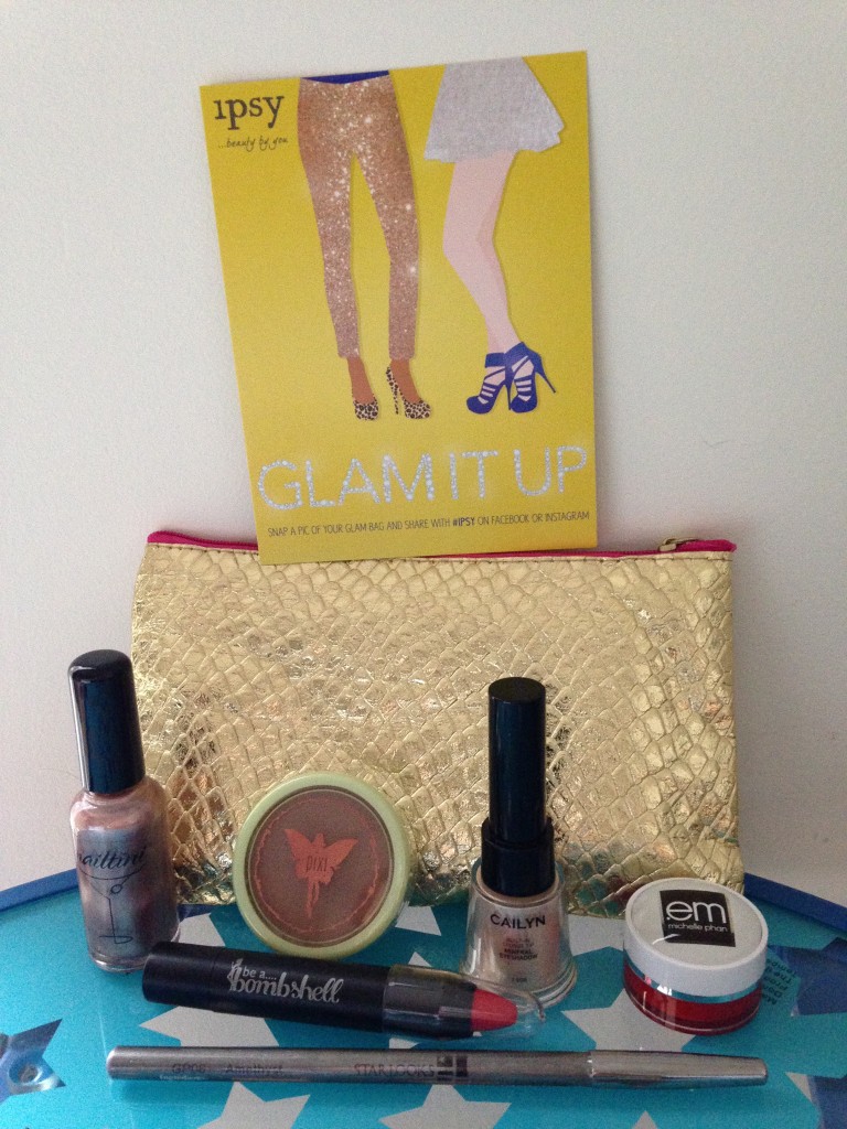 ipsy november 2013 bag items with card including nailtini lacquer in champagne, pixi beauty bronzer in summertime, cailyn mineral eyeshadow in champagne, em michelle phan pillow plush lip balm in strawberry, be a bombshell lip crayon in hot da*n, and starlooks gem pencil in amethyst