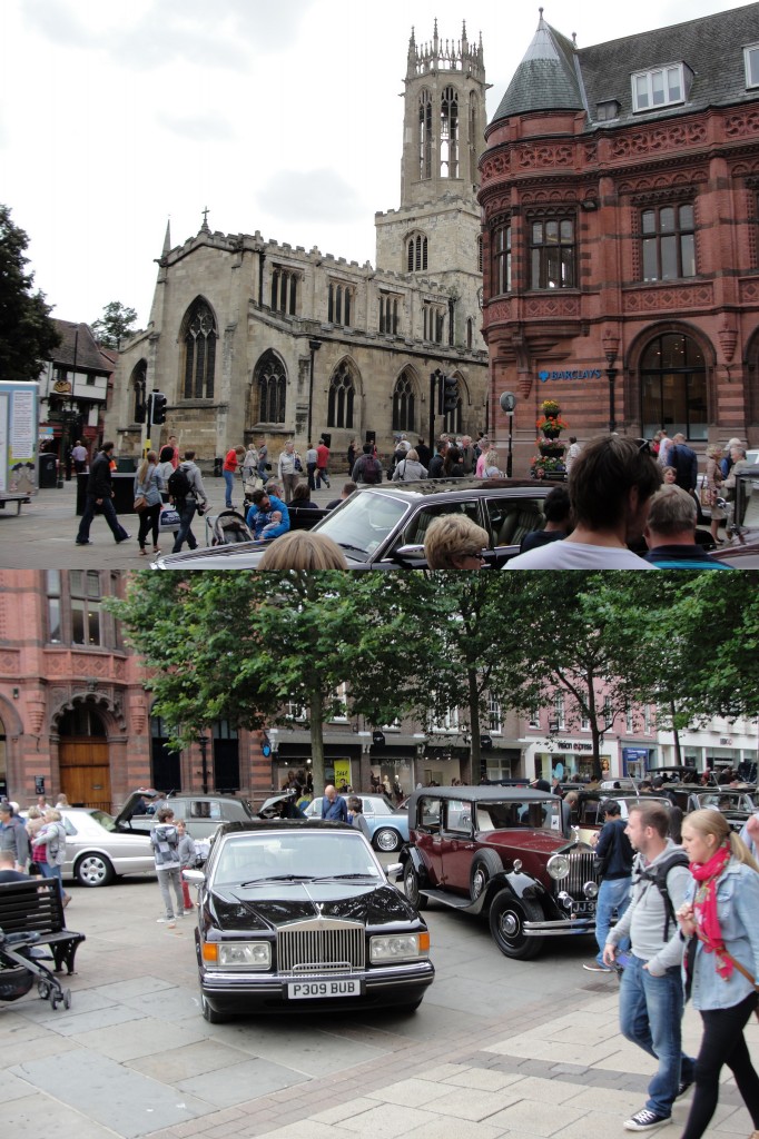 collage of old cars on display in plaza in york