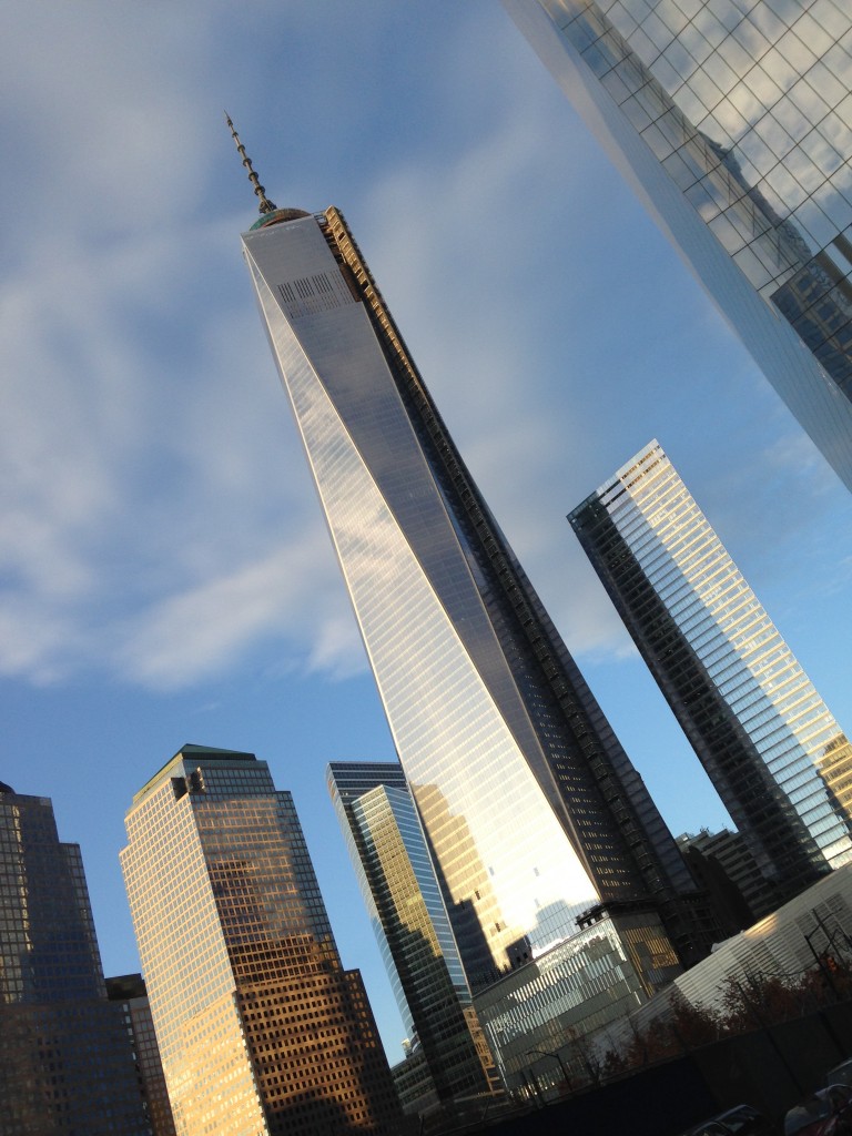 Just as we neared the 9/11 memorial, the sun came out to light up the new One World Trade Center building being built.