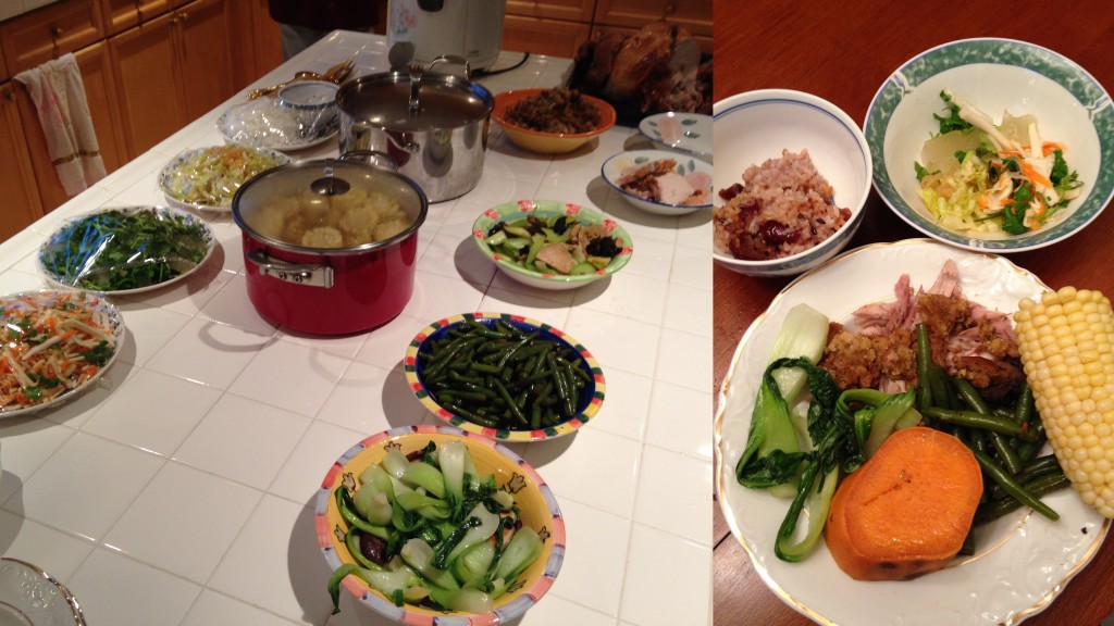 collage of thanksgiving meal laid out and dishes with food