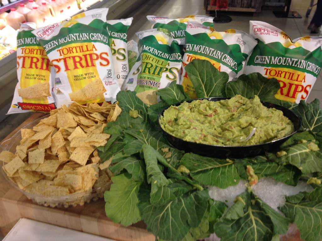 free samples of tortilla strips and guacamole dip at whole foods