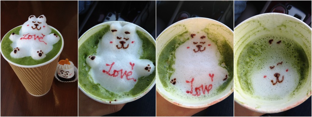 collage of 3d bear latte art design on green tea drink at love to go as the drink went down and the art disappeared