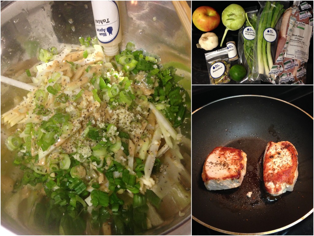 collage of blue apron center-cut pork chops ingredients and meal being cooked